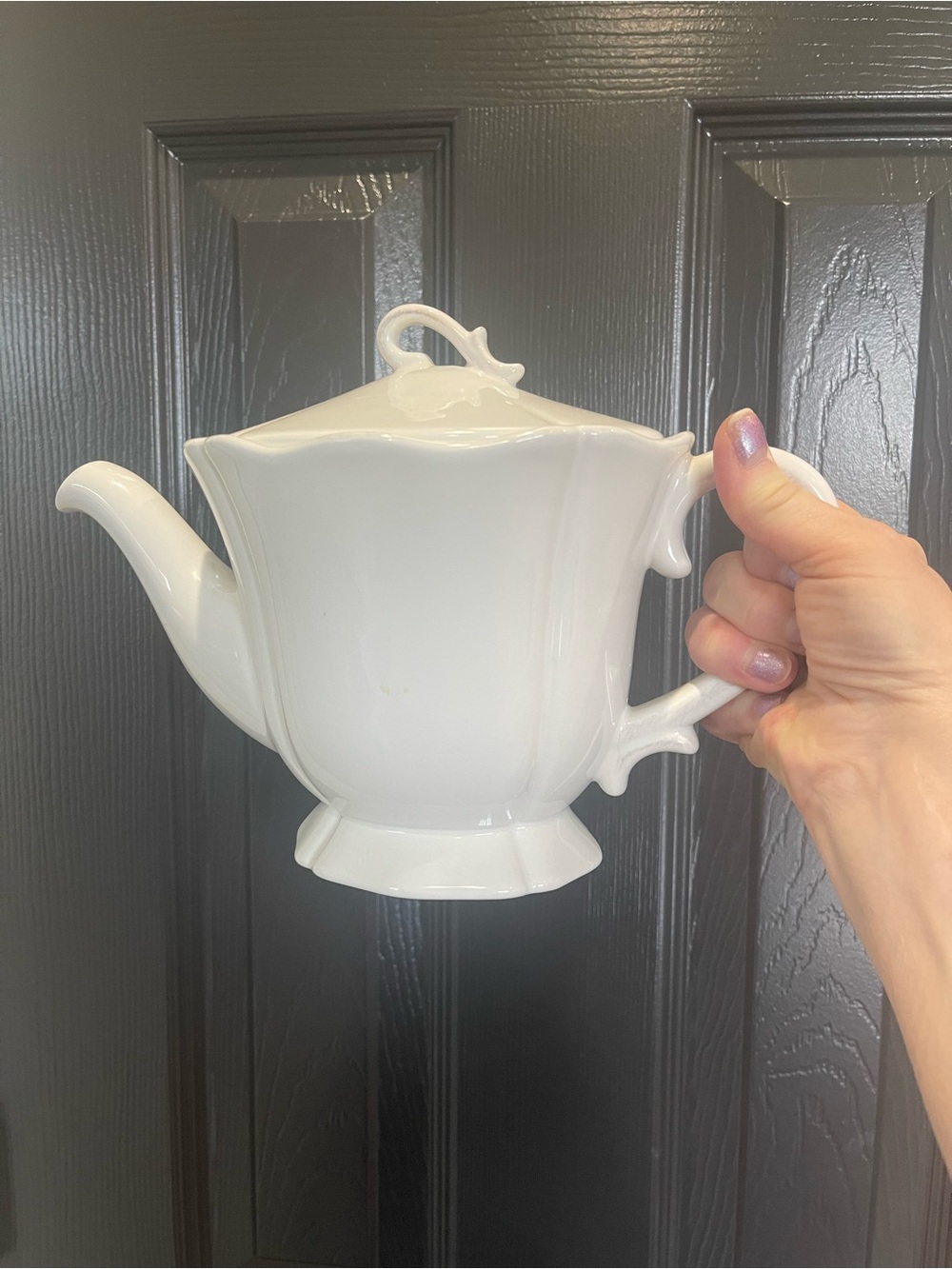 Sur La Table White Earthenware Teapot with Decorative Handle and Lid